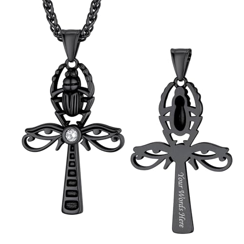 Bestyle Personalisierte Halskette Horus Eye Hanger Ägyptisches Kreuz Skarabäus Schmuck Herren Edelstahlkette mit Gravur 56 CM Schwarz von Bestyle