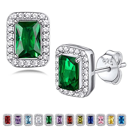 Bestyle Quadrat Sparkle Ohrringe 925 Damen Geburtsstein Ohrstecker mit Zirkonia Birthstone für Frauen Smaragd Ohrstecker Geschenk für Geburtstag von Bestyle