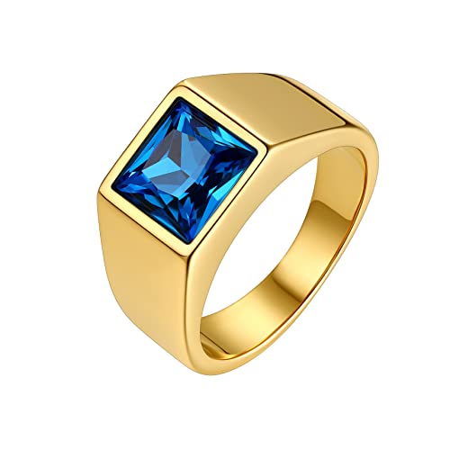 Bestyle Ring Herren mit Stein 8 * 8mm Quadrat Schliff Edelstein Blauer Saphir Band Ring Edelstahl Gothic-Ring Siegelring Fingerring für Papa Vater Männer,Gold,Größe 65 von Bestyle