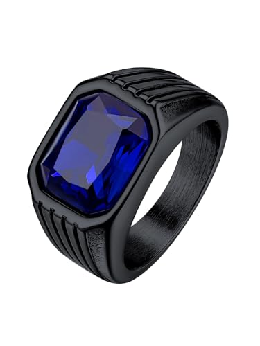 Bestyle Ring Herren mit Stein Retro Herren-Ring 10 * 12mm Quadrat Schliff Edelstein Blauer Saphir Band Ring für Männer Gothic-Ring Siegelring Fingerring, Schwarz, Größe 70 von Bestyle