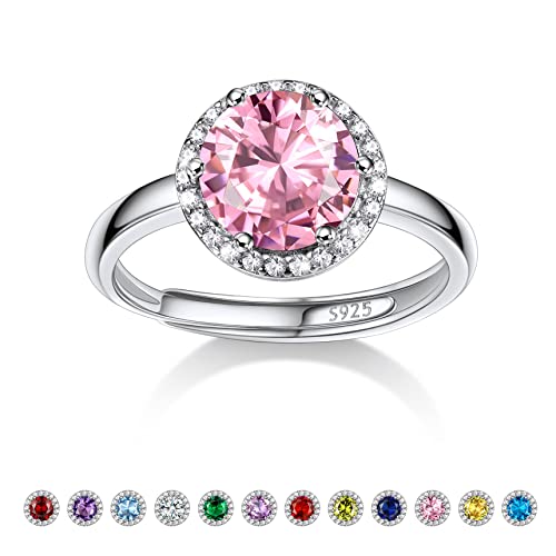 Bestyle Zirkonia Ringe für Damen Geburtsstein Oktober Fingerring Verstellbarer Rosenquarz Verlobungsring Silber 925 Mädchen Bling Modeschmuck von Bestyle