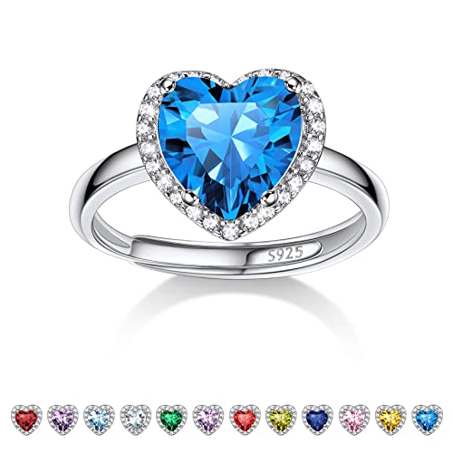 Bestyle Mondstein Ring Silber 925 Damen Verstellbare Ringe mit Geburtsstein Dezember Fingerringe Herz-Ehering Blauer Topas Schmuck für Mädchen von Bestyle