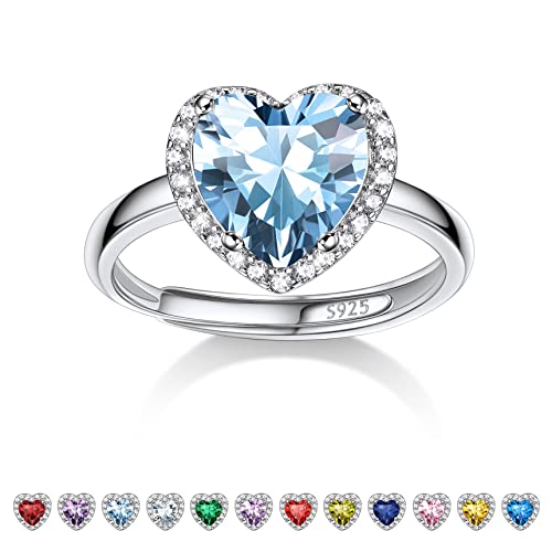 Bestyle Mondstein Ring Silber 925 Damen Verstellbare Ringe mit Geburtsstein März Fingerringe Herz-Ehering Aquamarin Schmuck für Mädchen von Bestyle