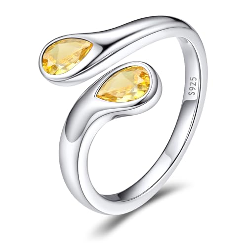 Bestyle Silberring Damen 925 Silber Verstellbare Ringe mit Geburtsstein Gelber Topas Zirkonia Teardrop Fidget Ring von Bestyle