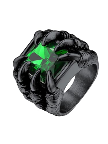 Bestyle Ring Silber mit Grünem Stein Vintage Drachen Bandring Edelstahl Dragon Claw Herrenring Smaragd Fingerring Punk Biker Männlicher Schmuck, Schwarz, Ringgröße 70 von Bestyle