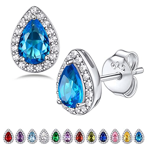 Bestyle Silber 925 Birne Kristall Ohrringe Damen, Zierlicher CZ Ohrstecker, Halo Earrings, Geburtsstein Blauer Topas Ohrschmuck Geschenk für Valentinstag Weihnachten Hochzeit von Bestyle