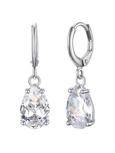 Bestyle Silber Ohrringe Damen 925 Diamant birnenförmig Geburtssteine April Federklammer-Ohrbügel von Bestyle