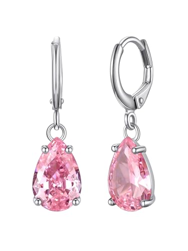 Bestyle Silber Ohrringe Damen 925 rosa Turmalin birnenförmig Geburtssteine Oktober Geschenk Federklammer-Ohrbügel von Bestyle