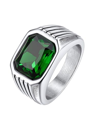 Bestyle Smaragd Siegelring für Herren 10 * 12mm Quadrat Schliff Edelstein Band Ring Männer Retro Gothic-Ring Edelstahl Ring Modeschmuck, Silber, Größe 57 von Bestyle