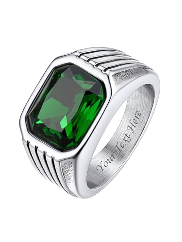 Bestyle Smaragd Siegelring mit Gravur für Herren 10 * 12mm Quadrat Schliff Edelstein Bandring Männer Retro Gothic-Ring Edelstahl Ring Personalisierbarer Modeschmuck, Silber, Größe 57 von Bestyle