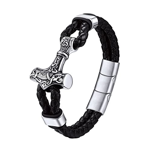 Bestyle Lederarmbänder Herren Wikinger Thors Hammer Armband Männer Mjölnir Armkette geflochten Echtleder Wickel Edelstahl Nordischer Arm-Schmuck 21cm von Bestyle