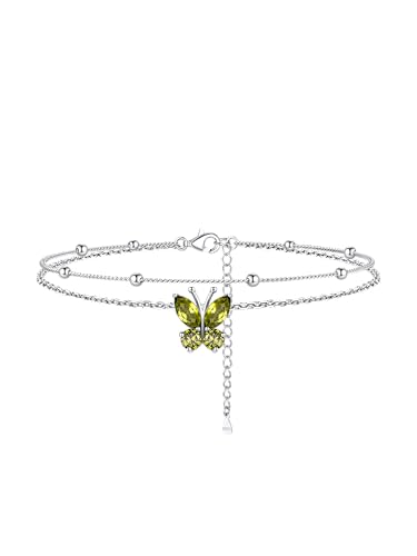 Bestyle Women's Anklets Silber 925 Damen Peridot Stein August Schmetterling Geburtssteine Doppelte ineinandergreifende Perlenkette Verstellbare 22+5cm von Bestyle