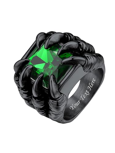 Bestyle Zirkon Ring Herren Edelstahl Dragon Claw Bandring mit Grüner Stein Gothic Biker Drachen Fingerring mit Gravur Siegelring Smaragd Ring Männlicher Schmuck, Schwarz, Ringgröße 62 von Bestyle