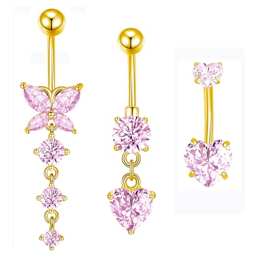 Besyvvin 3er Bauchnabelpiercing 10mm Gold Bauchpiercing Chirurgenstahl Herz Anhänger Rosa Piercing Bauchnabel Ring Damen Frau von Besyvvin