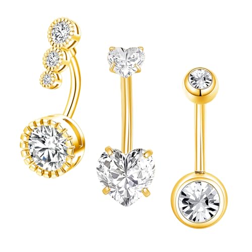 Besyvvin 3er Bauchnabelpiercing 12mm Chirurgenstahl Gold Piercing Bauchnabel Bauchpiercing Damen mit Herz Stein von Besyvvin