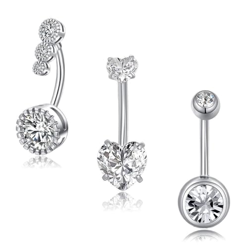 Besyvvin 3er Bauchnabelpiercing 12mm Chirurgenstahl Silber Piercing Bauchnabel Bauchpiercing Damen mit Herz Stein von Besyvvin