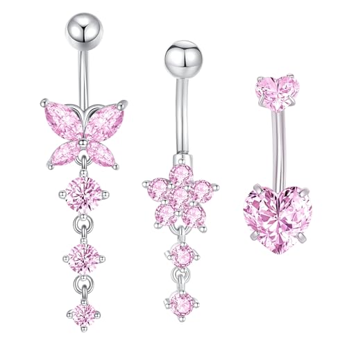 Besyvvin 3er Bauchnabelpiercing Rosa 10mm Chirurgenstahl Schmetterling Blume Anhänger Piercing Bauchnabel Herz Bauchpiercing Damen von Besyvvin