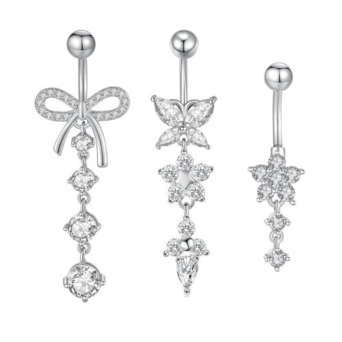 Besyvvin 3er Silber Bauchnabelpiercing 10mm Chirurgenstahl Herz Blume Schmetterling Anhänger Bauchpiercing Piercing Bauchnabel Schmuck Damen von Besyvvin