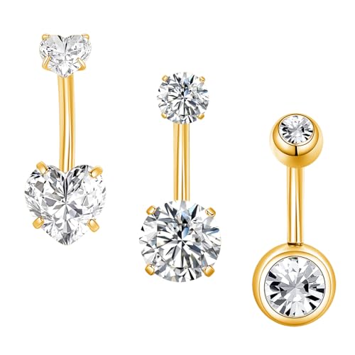 Besyvvin 3stk Bauchnabelpiercing Herz 8mm Gold Chirurgenstahl Piercing Bauchnabel Bauchpiercing Ring Damen Frau von Besyvvin