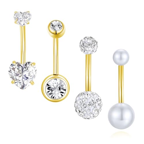 Besyvvin 4er Bauchnabelpiercing Gold 14mm Chirurgenstahl 14G Herz Piercing Bauchnabel Ring Langes Bauchpiercing Damen von Besyvvin