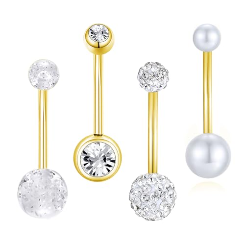 Besyvvin 4er Bauchnabelpiercing Gold 16mm Chirurgenstahl 14G Herz Piercing Bauchnabel Ring Langes Bauchpiercing Damen von Besyvvin