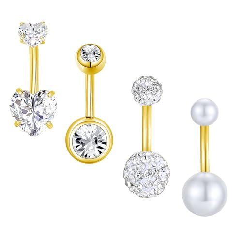 Besyvvin 4er Bauchnabelpiercing Gold 8mm Chirurgenstahl 14G Herz Piercing Bauchnabel Ring Bauchpiercing Damen von Besyvvin