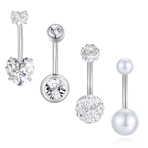 Besyvvin 4er Bauchnabelpiercing Silber 10mm Chirurgenstahl 14G Herz Piercing Bauchnabel Ring Bauchpiercing Damen von Besyvvin