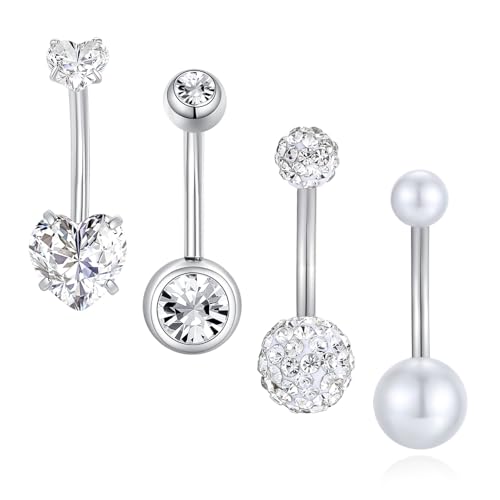 Besyvvin 4er Bauchnabelpiercing Silber 12mm Chirurgenstahl 14G Herz Piercing Bauchnabel Ring Bauchpiercing Damen von Besyvvin