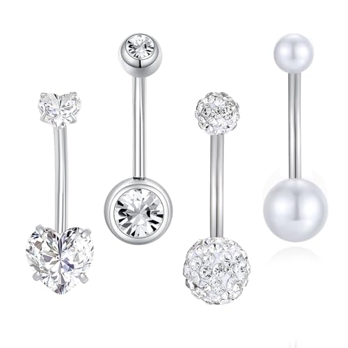 Besyvvin 4er Bauchnabelpiercing Silber 14mm Chirurgenstahl 14G Herz Piercing Bauchnabel Ring Langes Bauchpiercing Damen von Besyvvin