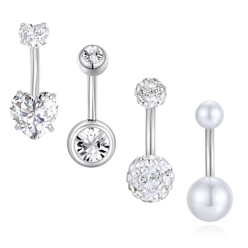 Besyvvin 4er Bauchnabelpiercing Silber 8mm Chirurgenstahl 14G Herz Piercing Bauchnabel Ring Bauchpiercing Damen von Besyvvin