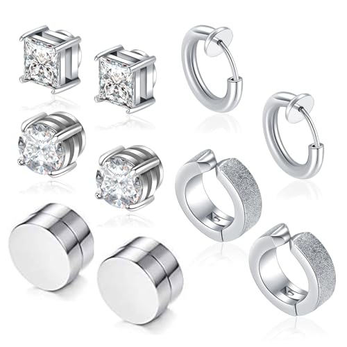 Besyvvin 5 Paar Magnet Ohrstecker Fake Ohrrings Magnetischer Ohrstecker Silber für Herren Mann Damen Chirurgenstahl von Besyvvin