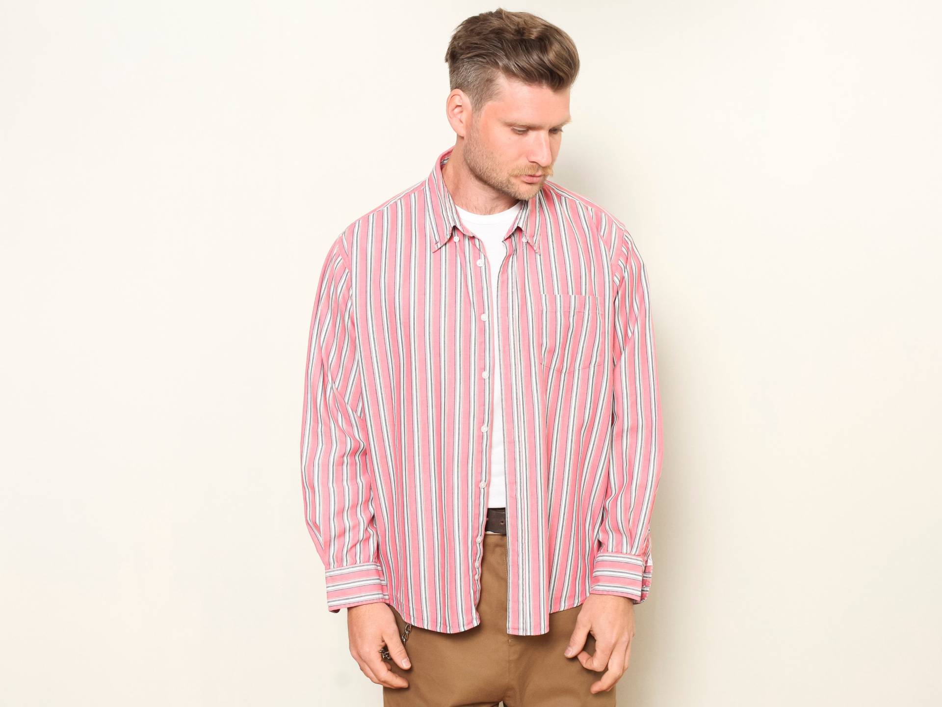 Ringed Pink Shirt Männer Vintage 90Er Jahre Minimalistisch Alltagshemd Langarm Casual Orange Retro Kleidung Freund Geschenk Größe Xl von BetaMenswear