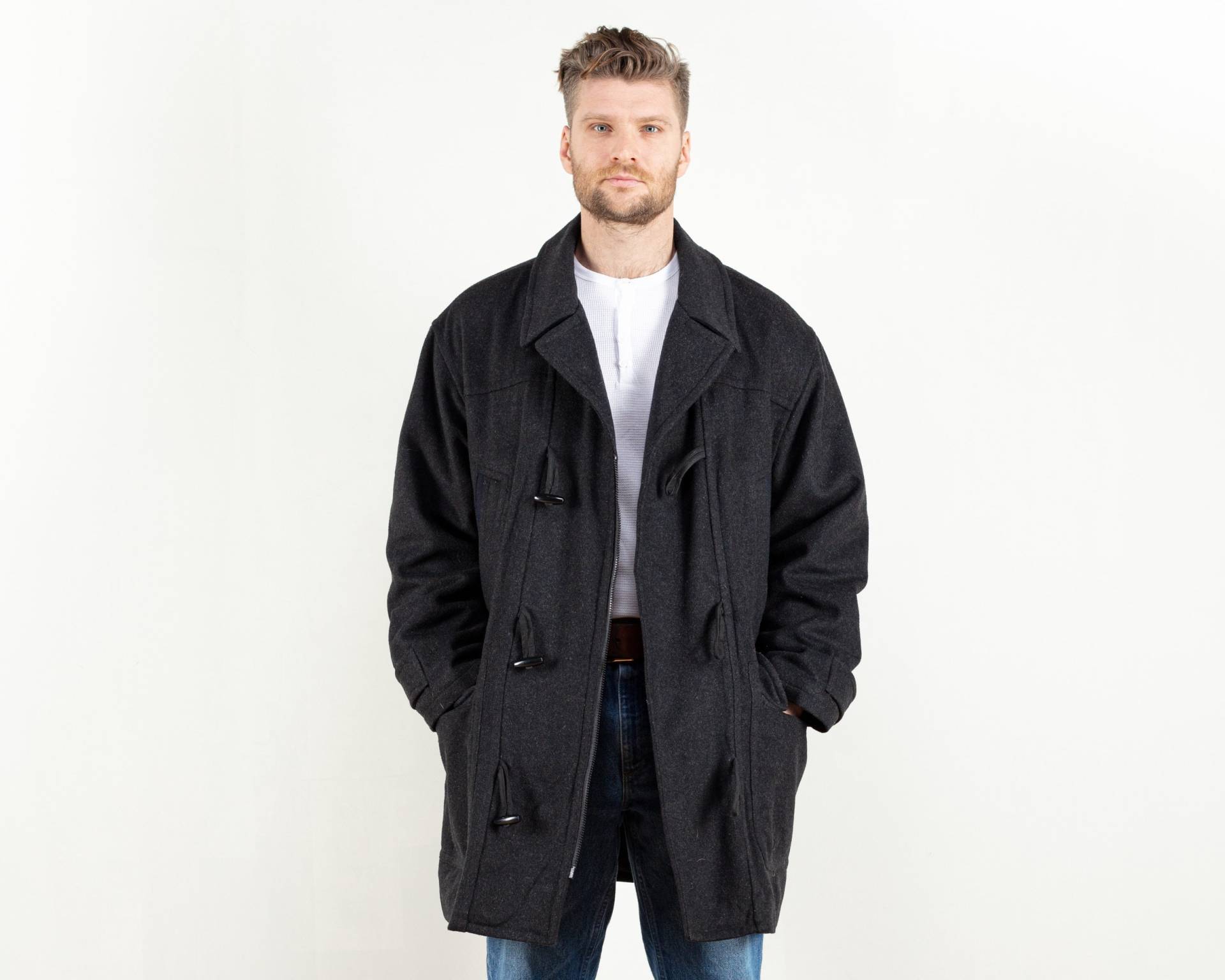 Schwarzer Wollmantel Parka Mantel Vintage 1990Er Jahre Herren Regenjacke Regenmantel Herrenmode Retro von BetaMenswear