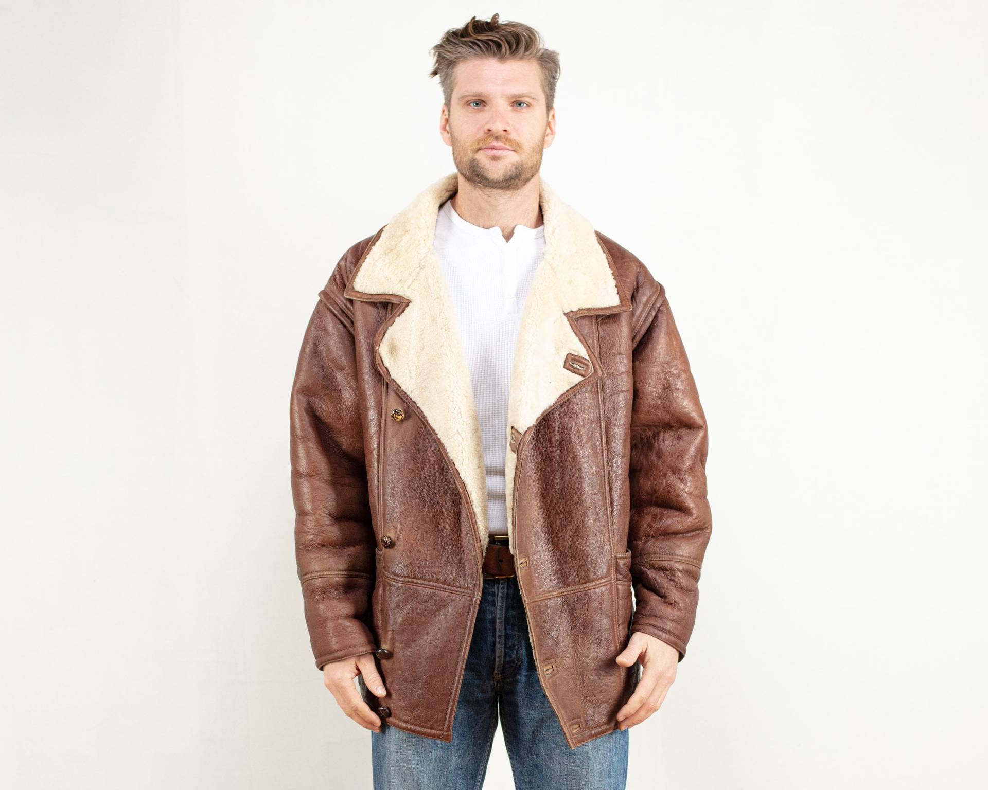 Vintage Lammfell-Mantel Lammfell Herren 80Er Jahre Mantel Wildledermantel Shearling Schafpelz Wintermantel Kleidung Size Large L von BetaMenswear