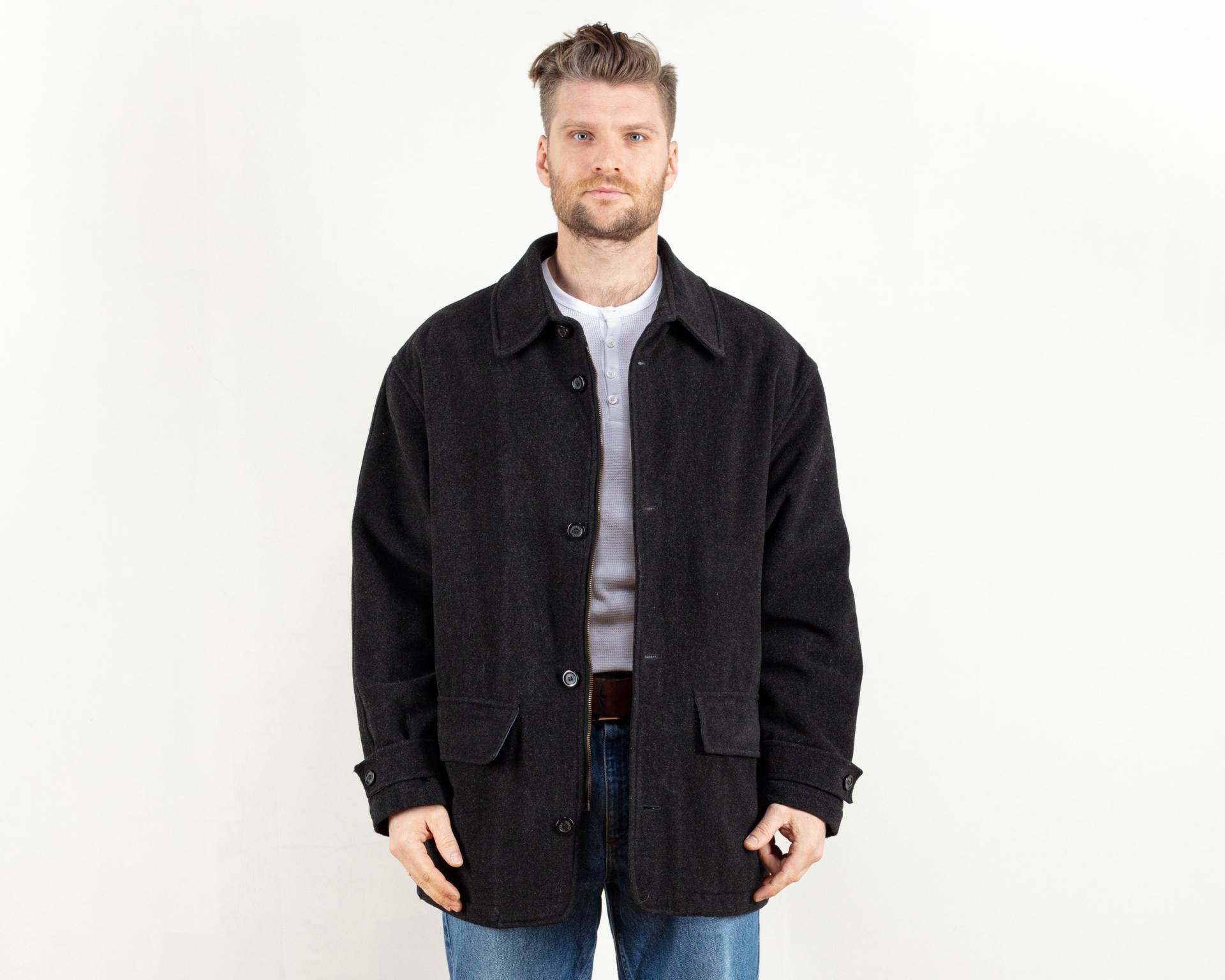 Vintage Wollmischung Parka Mantel 90Er Jahre Schwarzer Mantel, Size L von BetaMenswear