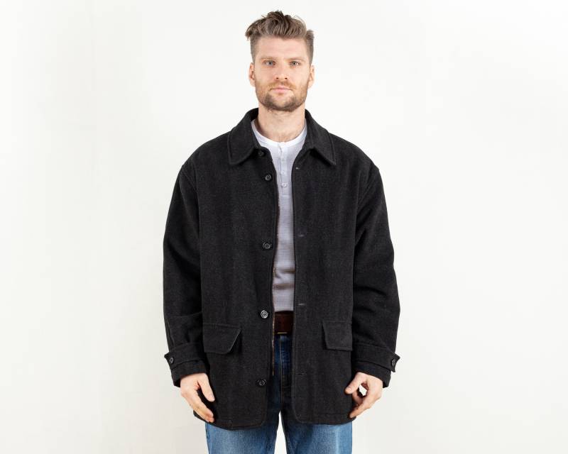 Vintage Wollmischung Parka Mantel 90Er Jahre Schwarzer Mantel, Size L von BetaMenswear