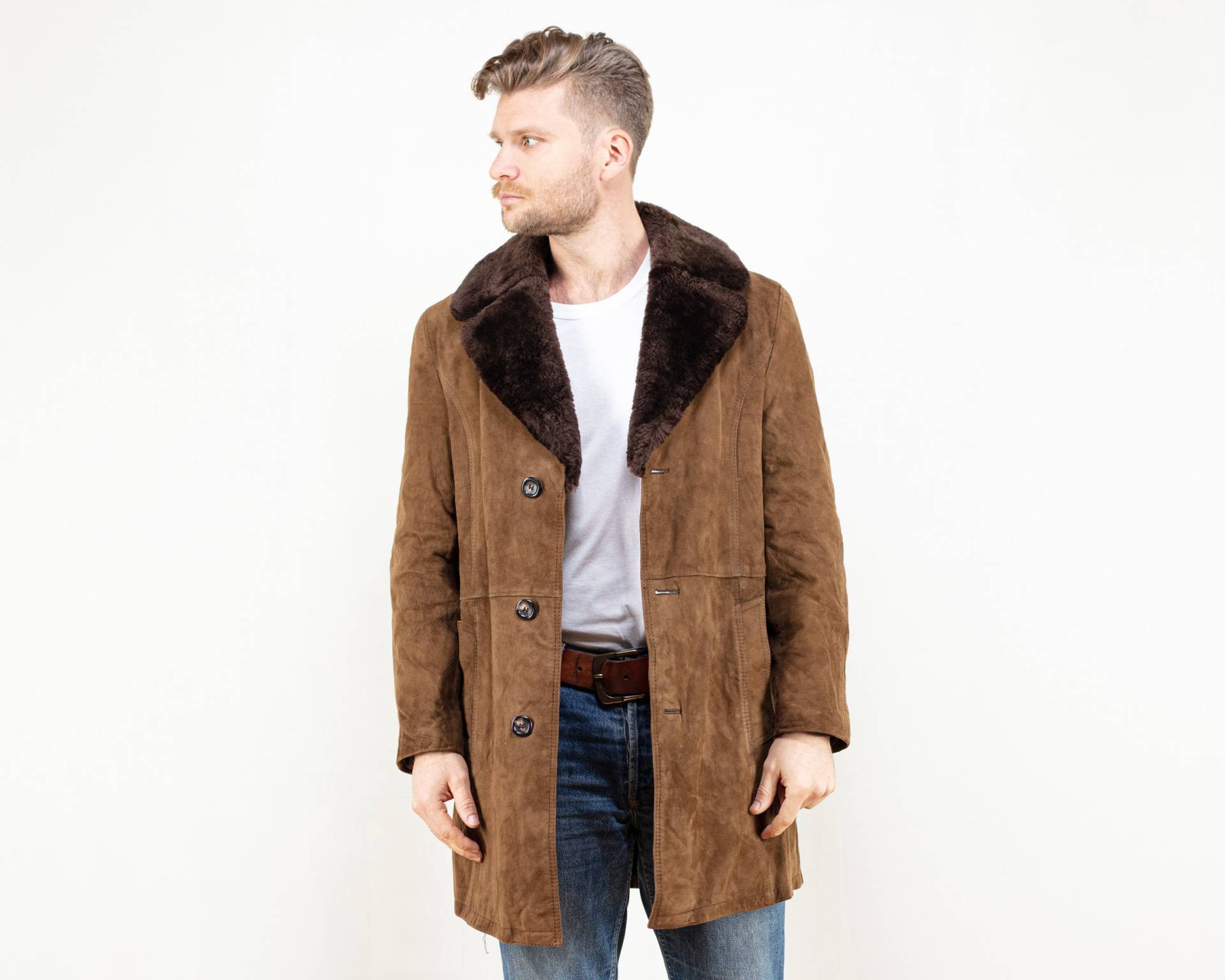 Winter Sherpa Wildleder Mantel Männer Schaffell Vintage 80Er Jahre Westernmantel Herren Wintermantel Kleidung Size Medium von BetaMenswear