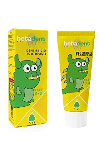 Betadent Baby Zahnpasta für Kinder von 0 bis 3 Jahren. Fluorfrei Birne Geschmack Anti-Plaque-Wirkung, erleichtert das Zahnen, natürliche Formulierung - 75 ml von BETADENT