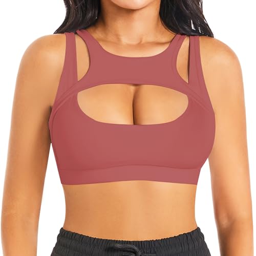 Betaven Push-up Sport-BH für Frauen Sexy Hollow Crop Tops mit abnehmbaren Cups Yoga Workout Running Medium Support Bra,Rosa Rot,L von Betaven