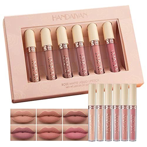 Beteligir 6-teiliges mattes flüssiges Lippenstift-Set, 6 Nude-Farben, matte Flüssigkeit, langlebig, Antihaft-Becher, nicht verblassendes, wasserdichtes Lipgloss-Set für Damen-Make-up (Set B) von Beteligir