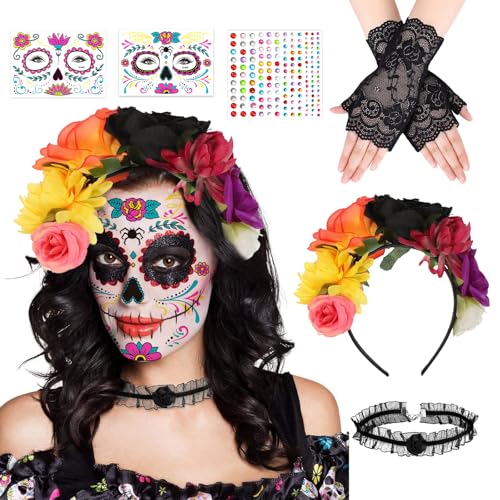 Betensh Halloween Karneval Tag der Toten Haarreif und Totenkopf Gesichtstattoo Dia de los Muertos Haarreif Damen Betensh Halloween Karneval Tag der Toten Haarreif und Totenkopf Gesichtstattoo Dia de los Muertos Haarreif Damen von Betensh