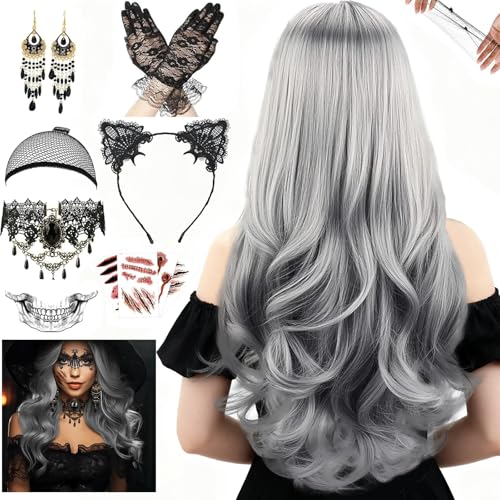 Betensh Halloween Perücken Dekoration Perücke Damen Grau, 68cm Grau Lange Gewellte Locken, Graue Perücke Damen, Gotisch Halskette Armbänder, für Halloween Party, Rollenspiel Betensh Halloween Perücken Dekoration Perücke Damen Grau, 68cm Grau Lange Gewellte Locken, Graue Perücke Damen, Gotisch Halskette Armbänder, für Halloween Party, Rollenspiel von Betensh