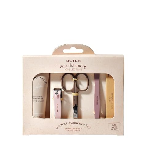 Beter - Maniküre-Set Pure Harmony, Set mit 4 Teilen (Nagelfeile, Pinzette, Nagelschere, Nagelknipser) + Handcreme und Stoffbeutel, Perfekt als Geschenk, Weihnachten, Nagel- und Handpflegeset von Beter