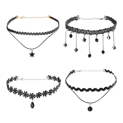 Bethynas 4 schwarze Samt-Choker-Halskette, Gothic-Stil, schwarzer Spitzenanhänger, Choker-Set, sexy Tattoo-Spitze, verstellbares Halsband, Zubehör für Frauen, Schwarz, Kein Edelstein Bethynas 4 schwarze Samt-Choker-Halskette, Gothic-Stil, schwarzer Spitzenanhänger, Choker-Set, sexy Tattoo-Spitze, verstellbares Halsband, Zubehör für Frauen, Schwarz, Kein Edelstein von Bethynas