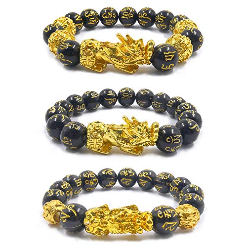 Betinyar 3 Stücke Pixiu-Armband, schwarze Feng Shui-Obsidian-Armbänder, mit vergoldetem chinesischem Heiligem Biest Pi Xiu ziehen Reichtum und viel Glück an, verstellbares elastisches Perlenarmband von Betinyar