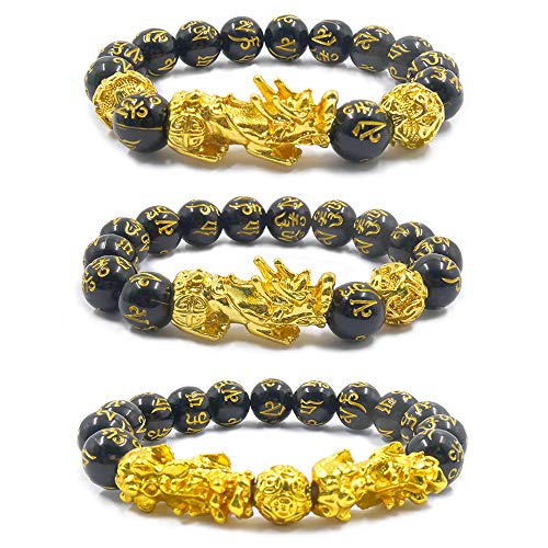 Betinyar 3 Stücke Pixiu-Armband, schwarze Feng Shui-Obsidian-Armbänder, mit vergoldetem chinesischem Heiligem Biest Pi Xiu ziehen Reichtum und viel Glück an, verstellbares elastisches Perlenarmband von Betinyar