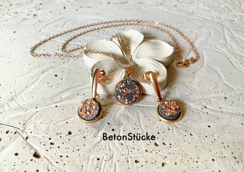 Betonschmuck, Set, Edelstahl, Kette, Anhänger, Ohrstecker, Kupfer von BetonStuecke