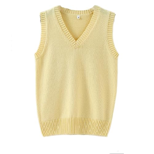 Herren Damen Strickweste Baumwolle V-Ausschnitt Weste JK Uniform Pullover Ärmellos Pullover Schule Strickjacke - Gelb - Mittel von Betonsa