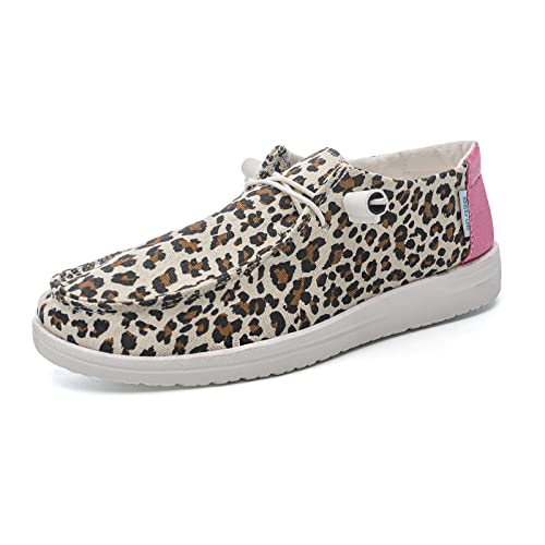 Betrue Leichte Bootsschuhe für Damen, lässige Loafers, Damen-Schlupfschuhe, atmungsaktive Canvas-Sneaker für Damen, Weißer Leopard2207, 38.5 EU von Betrue
