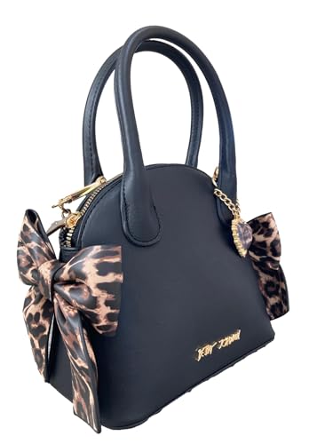 Betsey Johnson Holly Feminine Mini-Umhängetasche, doppelseitig, Leopardenmuster, Schleife, abnehmbar, goldfarben, Kamee-Leopardenmuster, schwarz, strukturiertes Kunstleder, Mini-Umhängetasche von Betsey Johnson